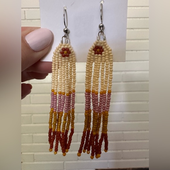 Handmade Jewelry - Handmade Cream Pink Beaded Tassel Boho Earrings NWT
